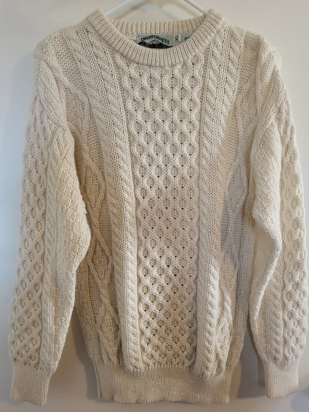 Aran Crafts 100% Wool Fisherman Chunky Cable Knit Crew Neck Sweater Cream Sz XS